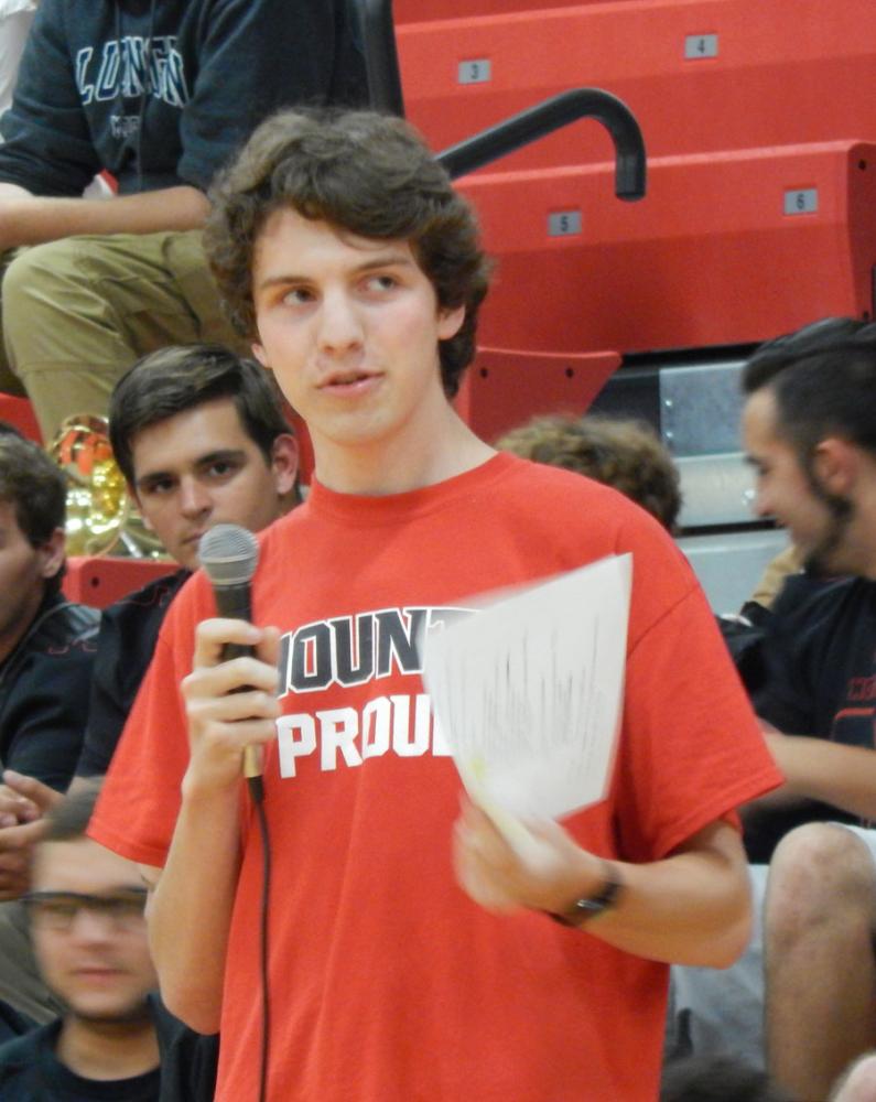 Senior Student Government President Rylan Sackrider gives information about upcoming events. Homecoming week is scheduled for September 18-22.