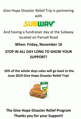 Subway partners with Give Hope Disaster Relief