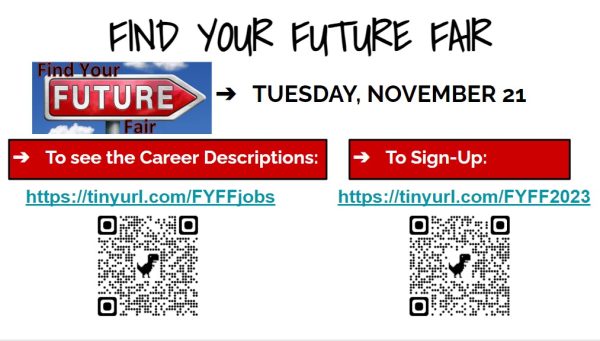 Find Your Future informational slide, with QR codes and links to access the sign up!