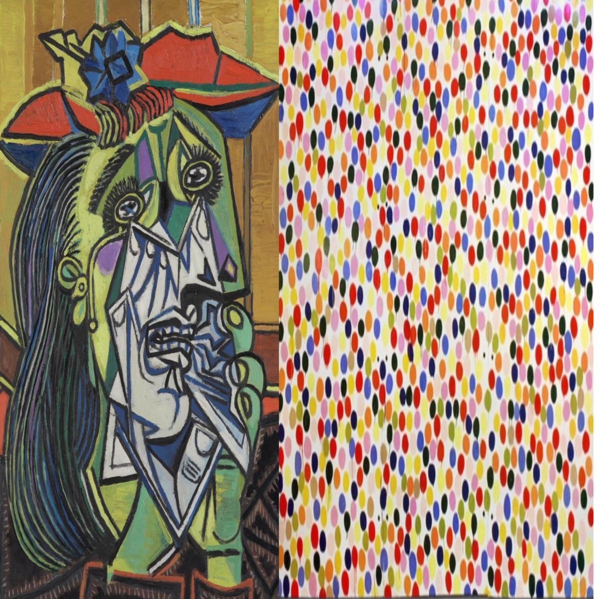 Side by side of Picasso’s “Weeping Woman” and Hirst’s “Spot Painting”