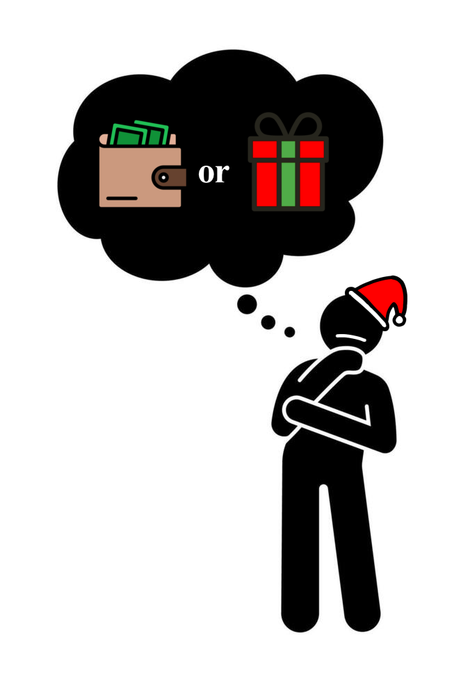 An image depicting a person deciding if they should keep their money or spend it on gifts for Christmas. 